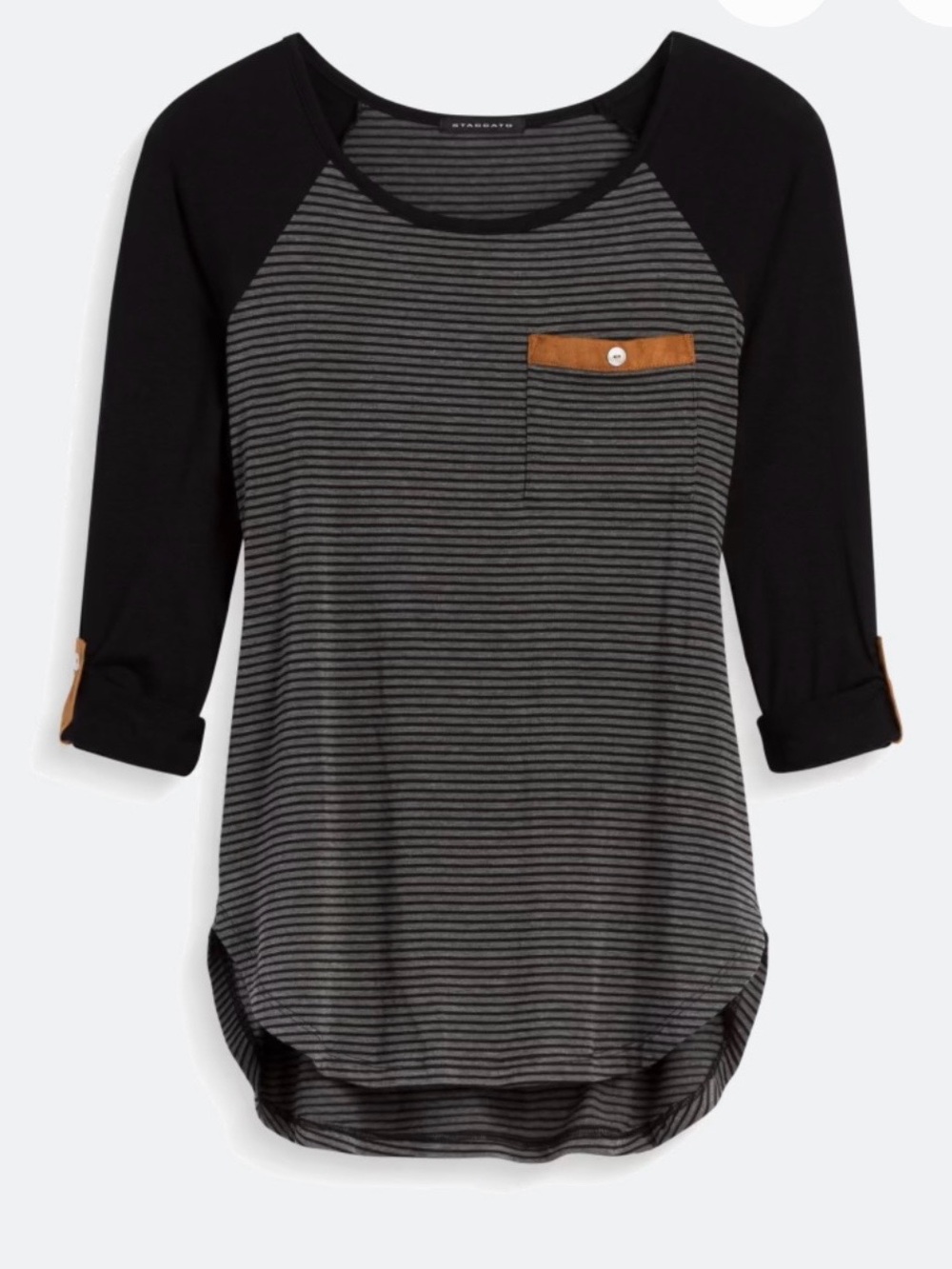 Staccato Black & Gray Striped Raglan Top with Tan Pocket Trim